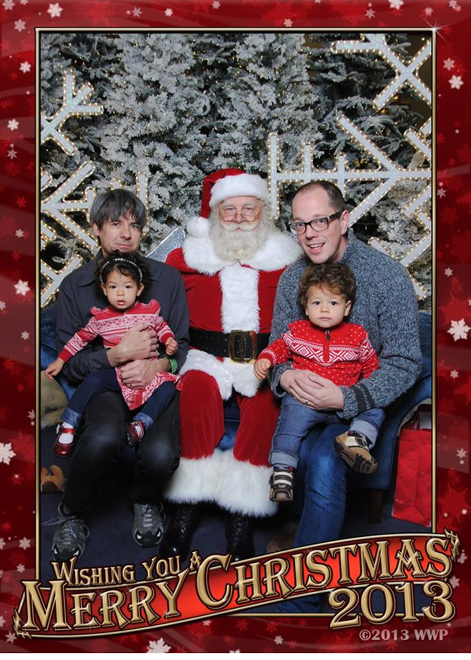 (left) Christopher Henley with daughter Ivona, (right) Jay Hardee with don Aksel visit Santa